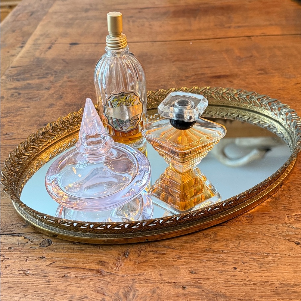 Vintage Oval Mirrored Dresser Tray w/ Brass Leaf & Floral Trim